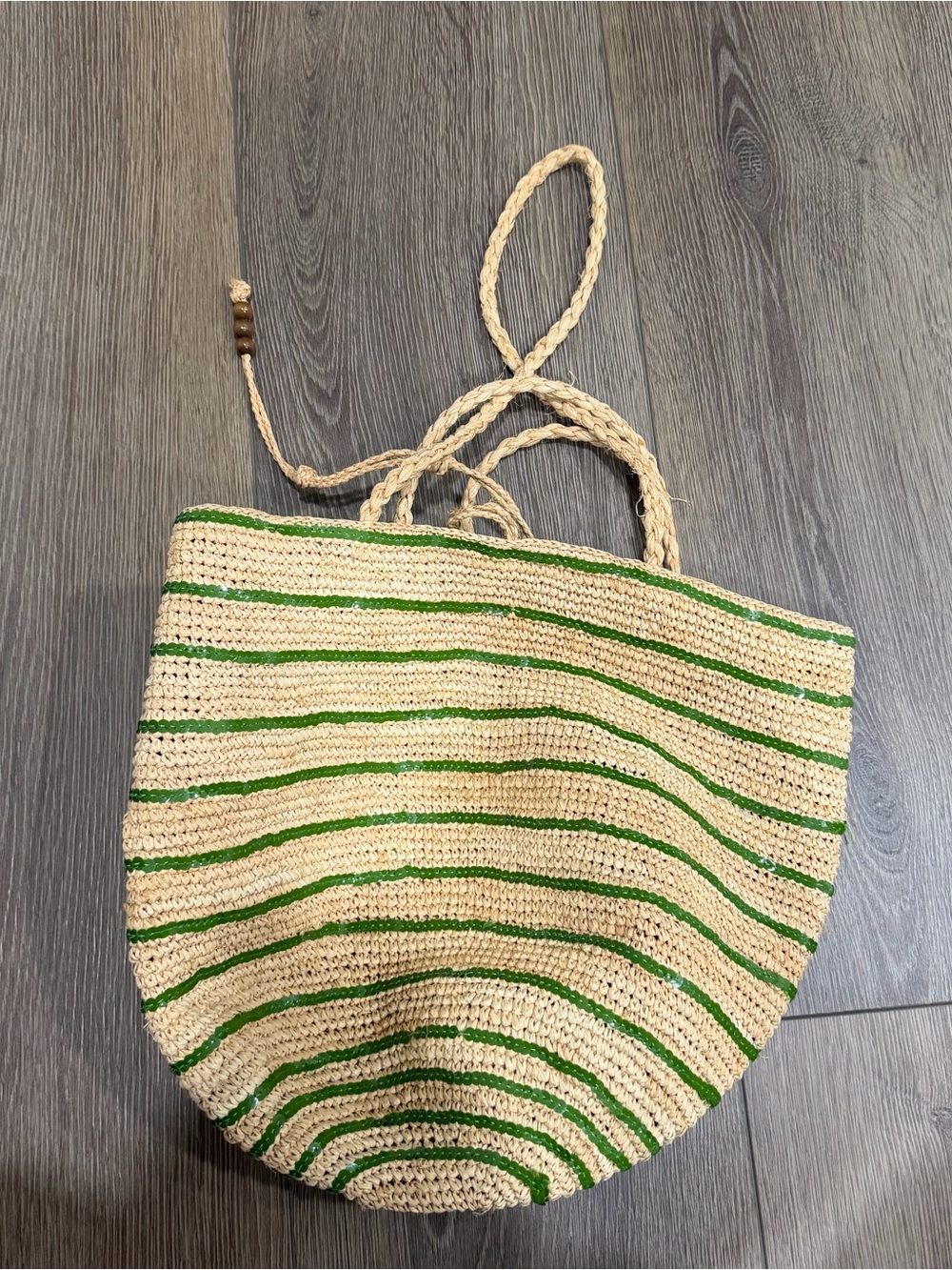 J. Crew Woven Straw Tote Bag with Green sequin Stripes